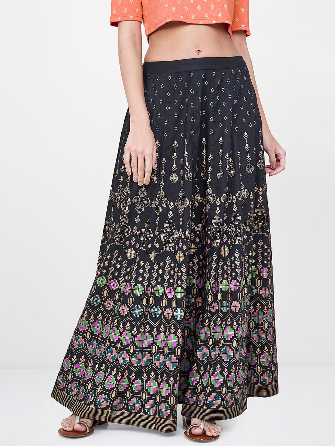 

Global Desi Women Black Printed A-Line Maxi Skirt