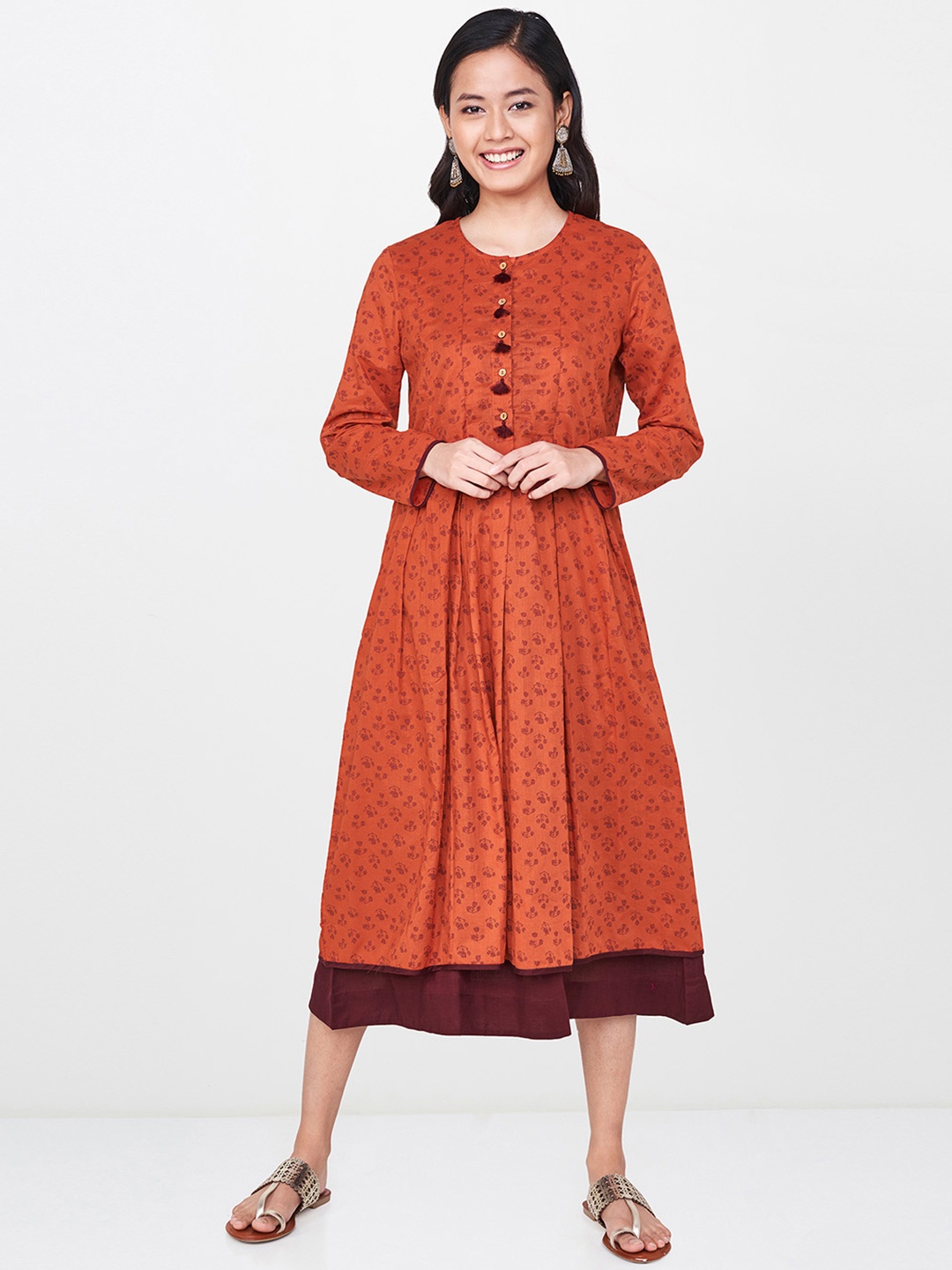 

Global Desi Women Rust Orange Printed A-Line Dress
