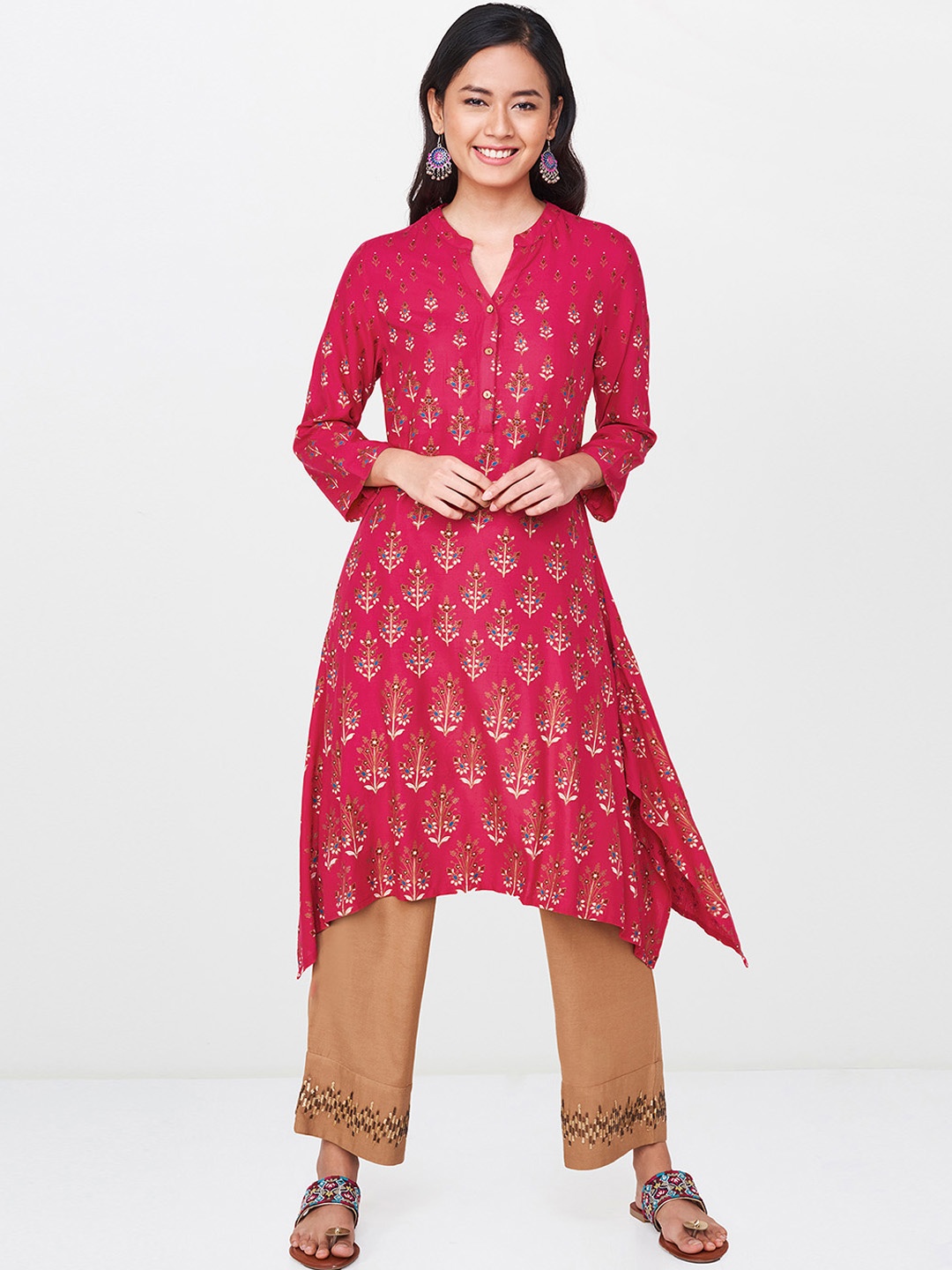 

Global Desi Women Pink Printed Asymmetric A-Line Kurta