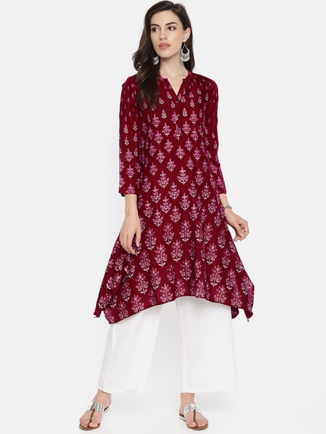 

Global Desi Women Maroon & Gold-Toned Printed Asymmetric A-Line Kurta
