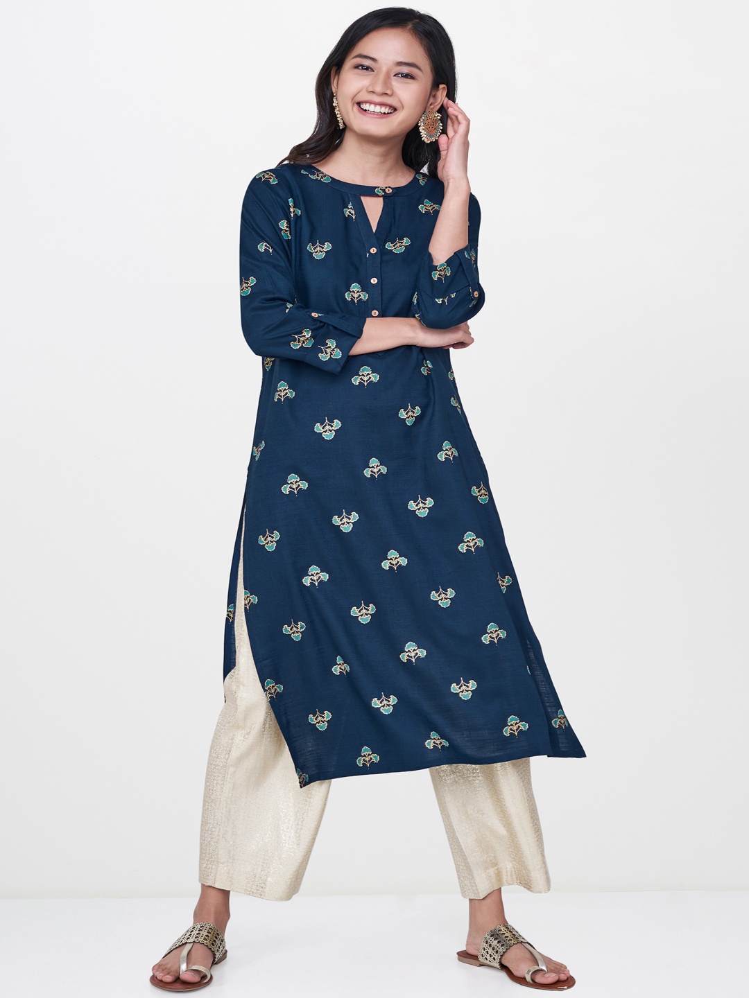 

Global Desi Women Teal Blue & Green Floral Print A-Line Kurta