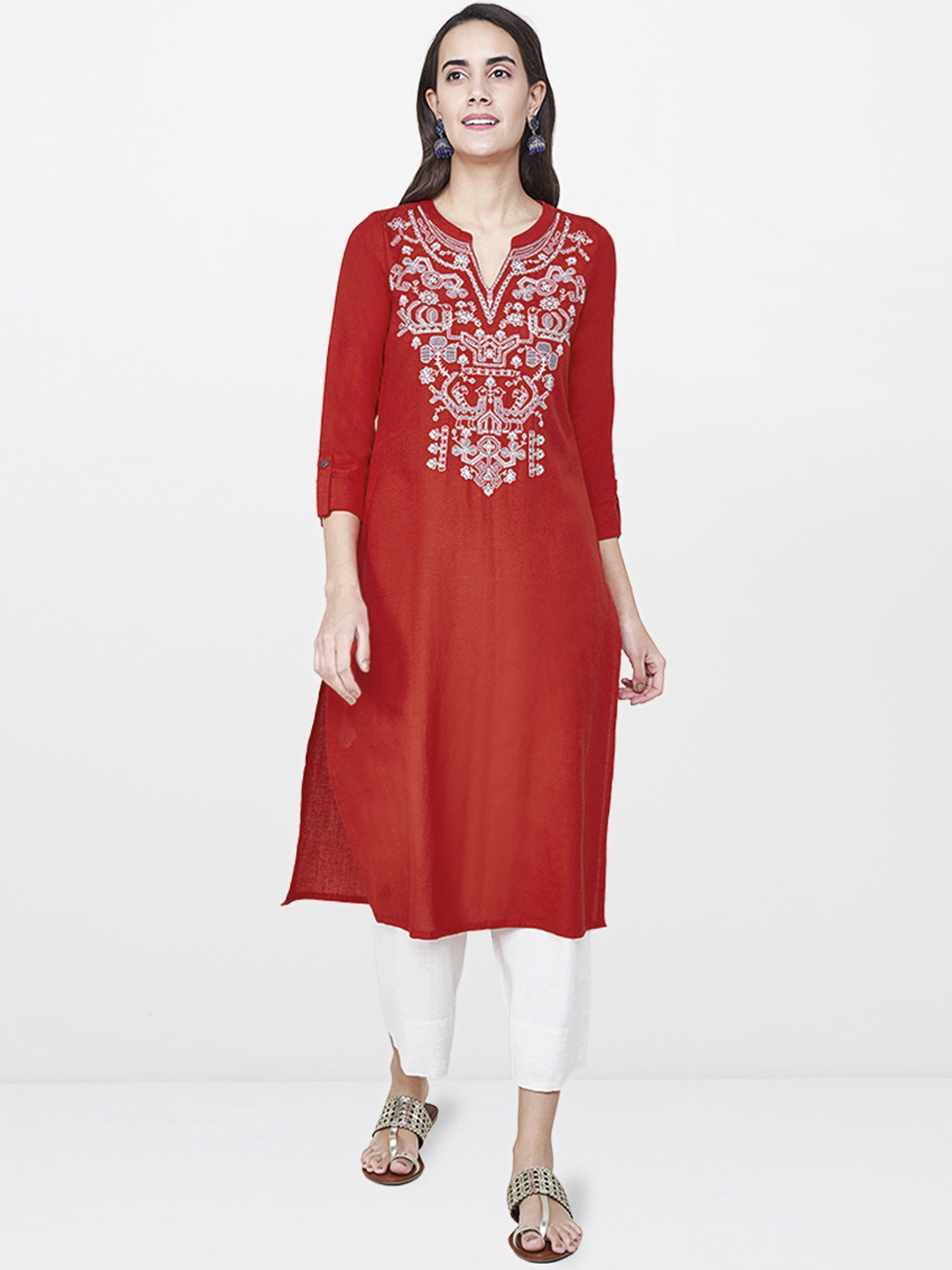 

Global Desi Women Red Embroidered Straight Kurta