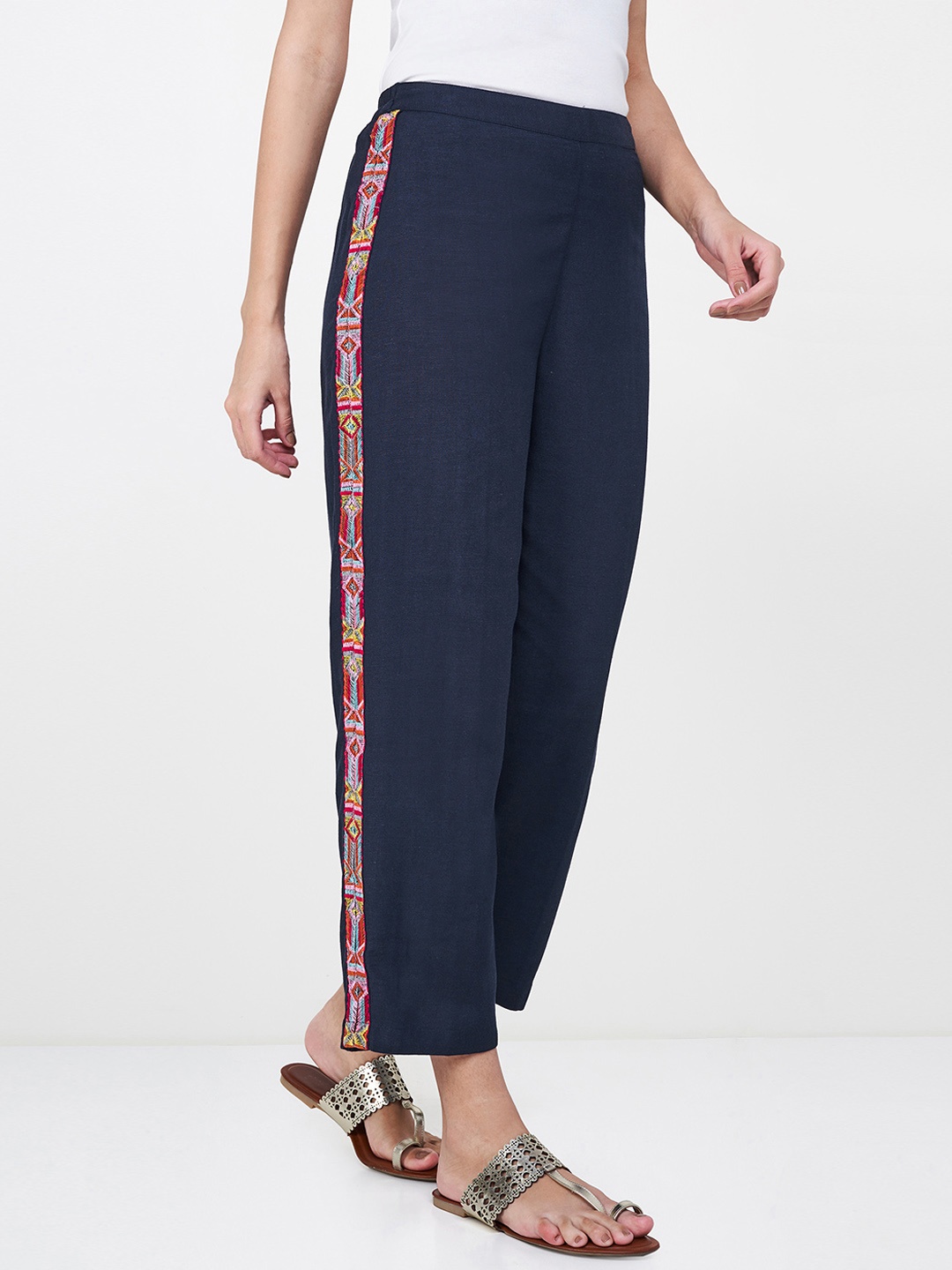 

Global Desi Women Navy Blue Regular Fit Printed Regular Trousers