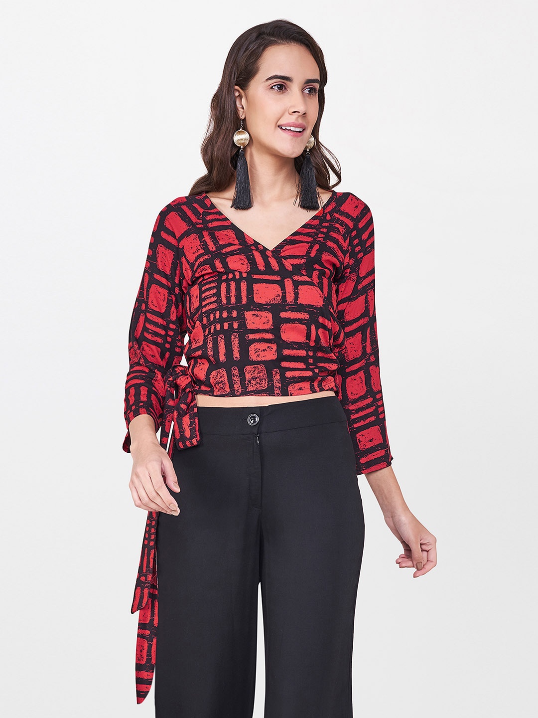 

Global Desi Women Red & Black Printed Wrap Top