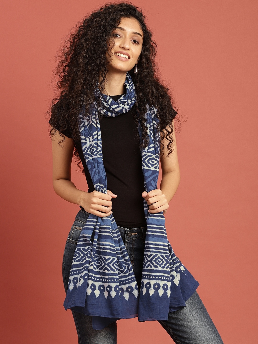 

Taavi Women Indigo Hand Block Printed Sustainable Pure Cotton Dupatta, Navy blue