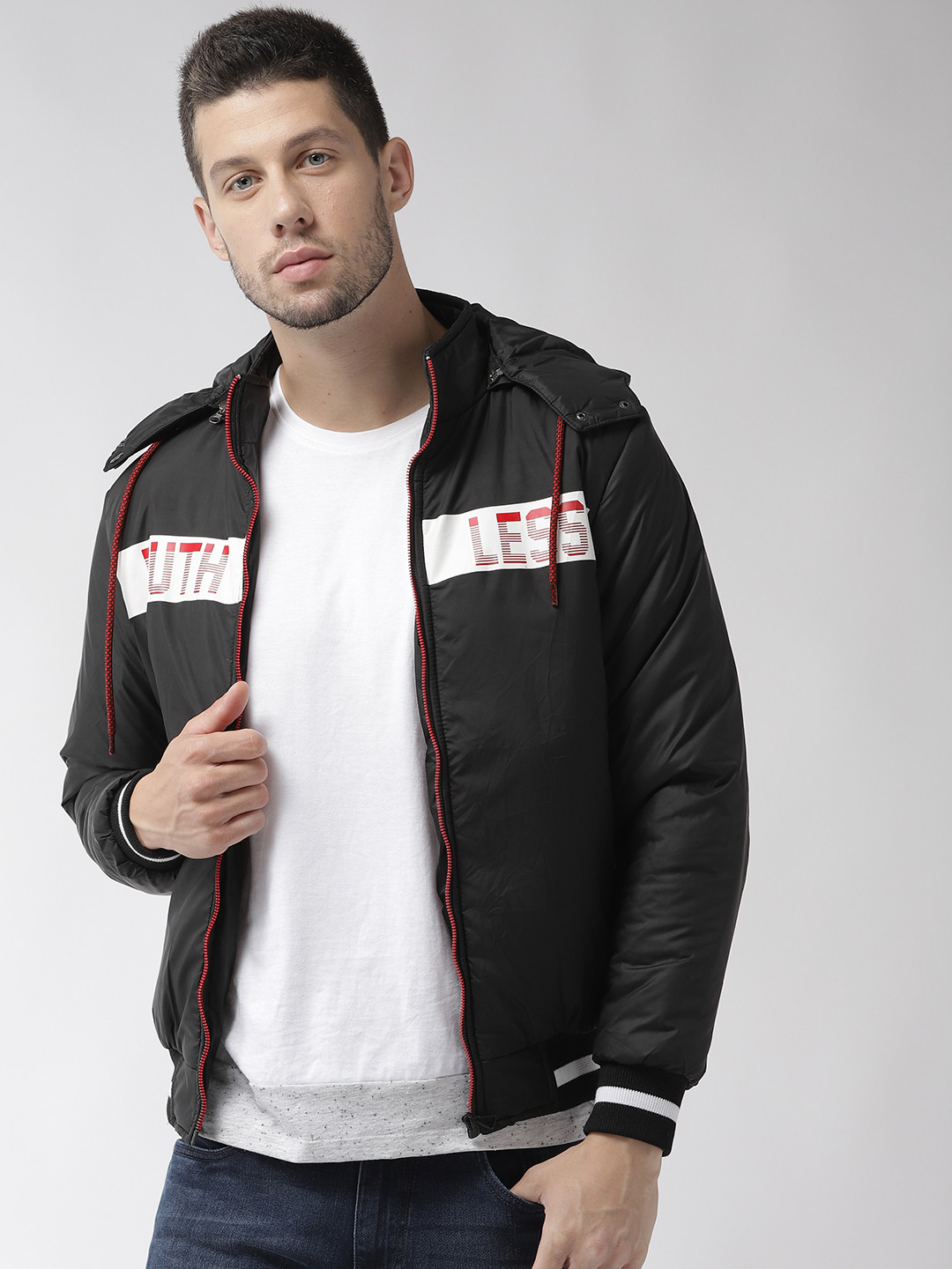 

Fort Collins Men Black Solid Printed Varsity Jacket with Detachable Hood