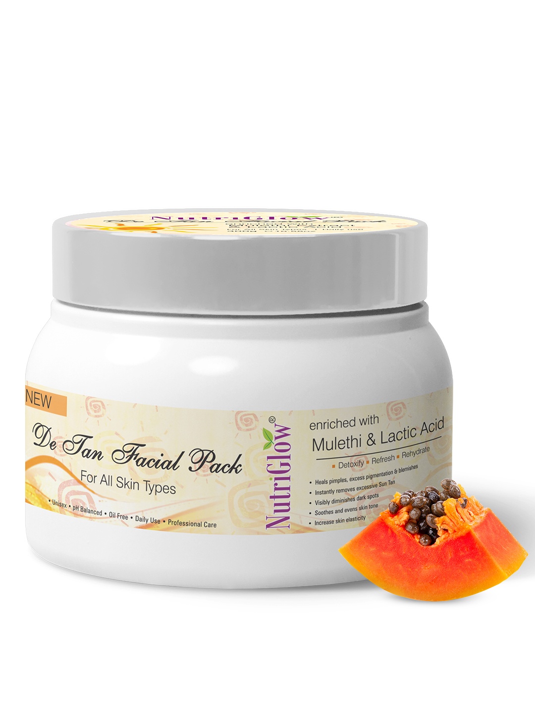 

NutriGlow Sustainable De Tan Facial Pack with Mulethi & Lactic Acid for Tan Removal 300 g, Yellow