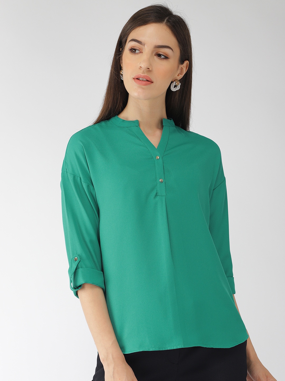 

Park Avenue Women Green Solid Shirt Style Top