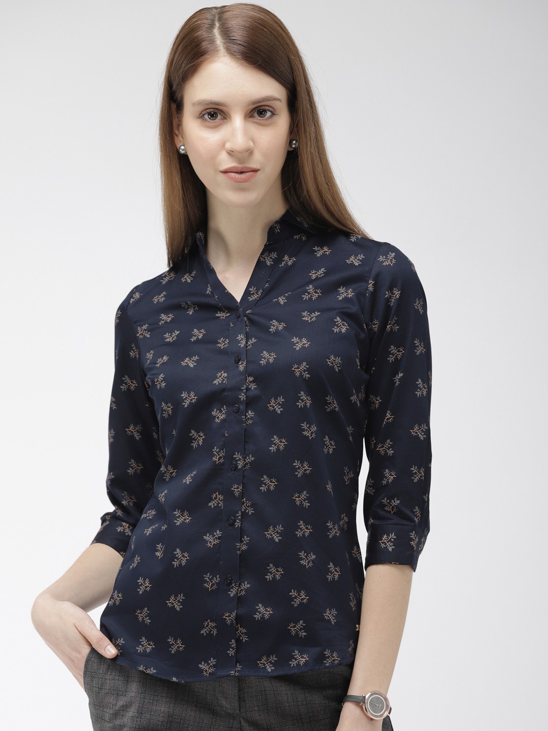 

Park Avenue Women Navy Blue & Grey Slim Fit Printed Casual Shirt