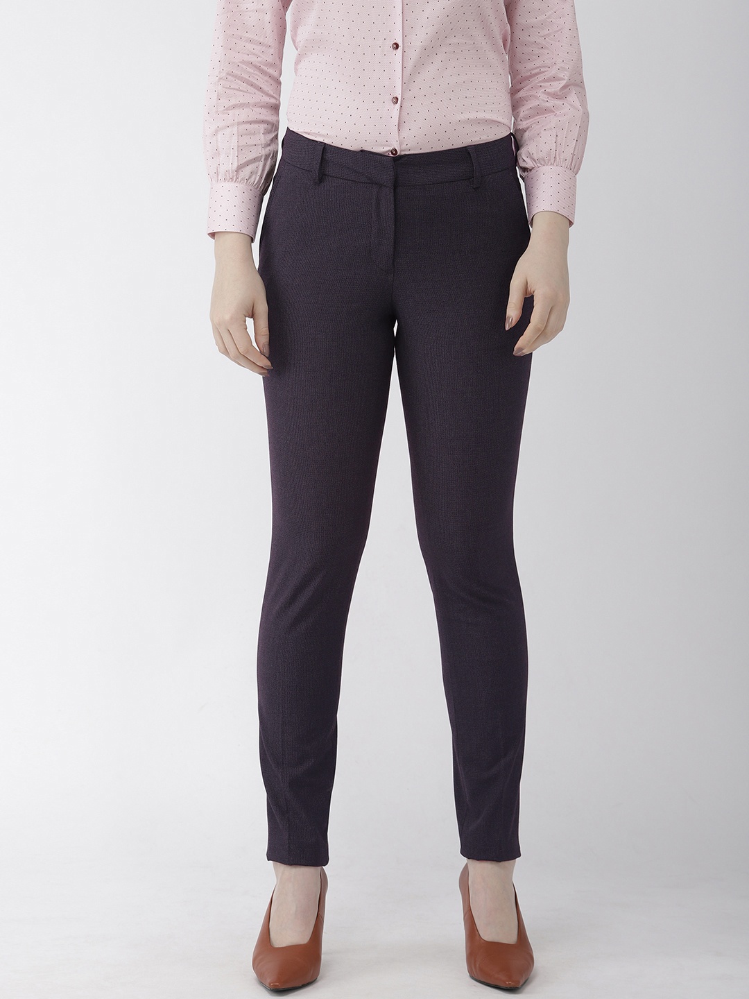 

Park Avenue Women Navy Blue & Maroon Curvy Fit Self Design Formal Trousers