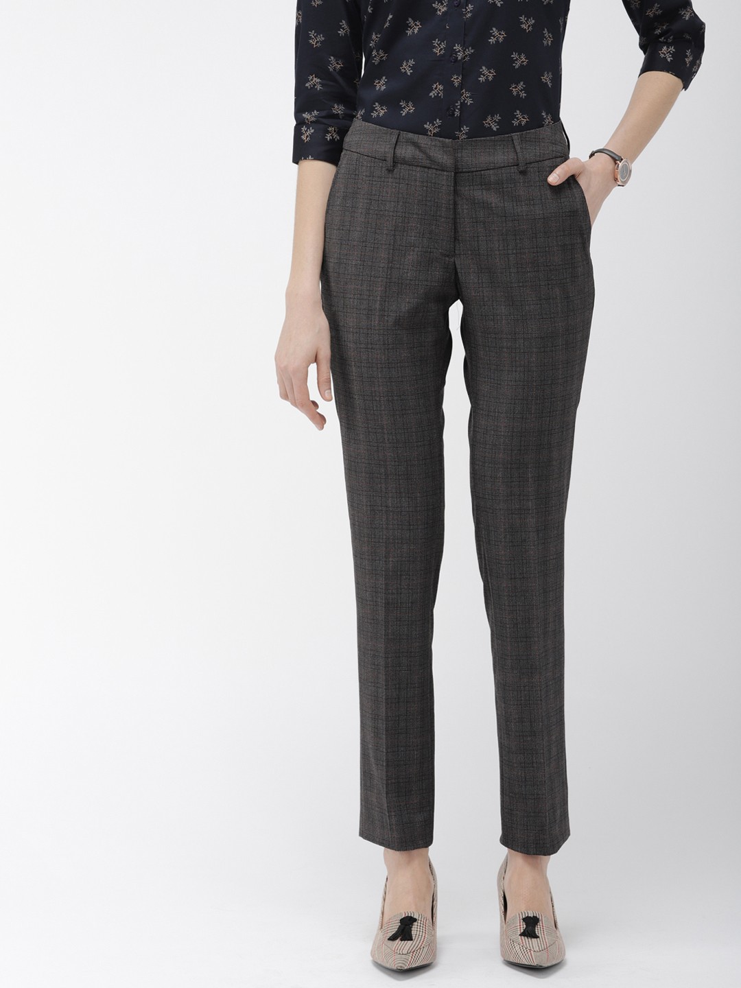

Park Avenue Women Grey Slim Fit Checked Regular Trousers
