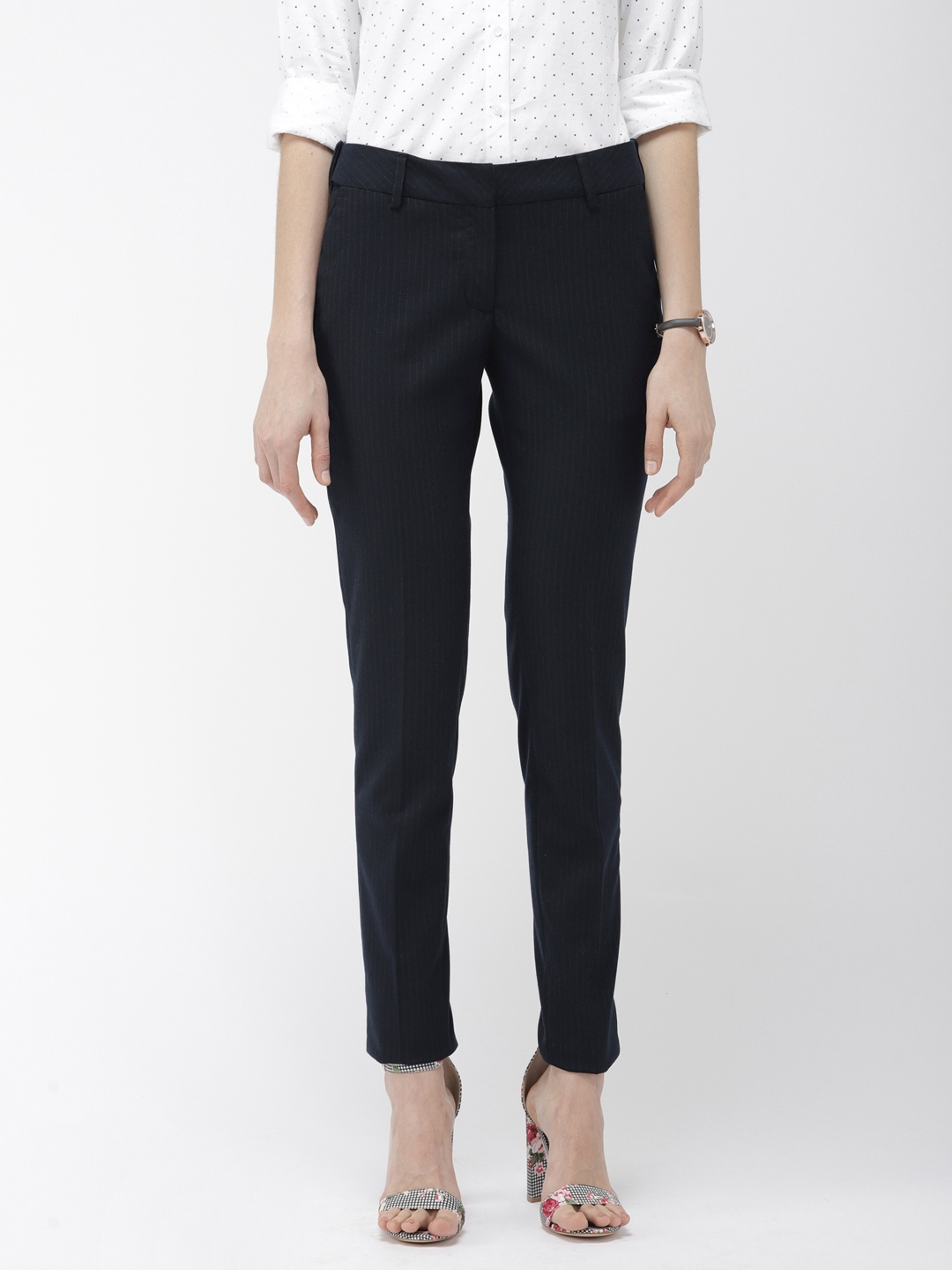 

Park Avenue Women Navy Blue & Grey Tapered Fit Striped Regular Trousers