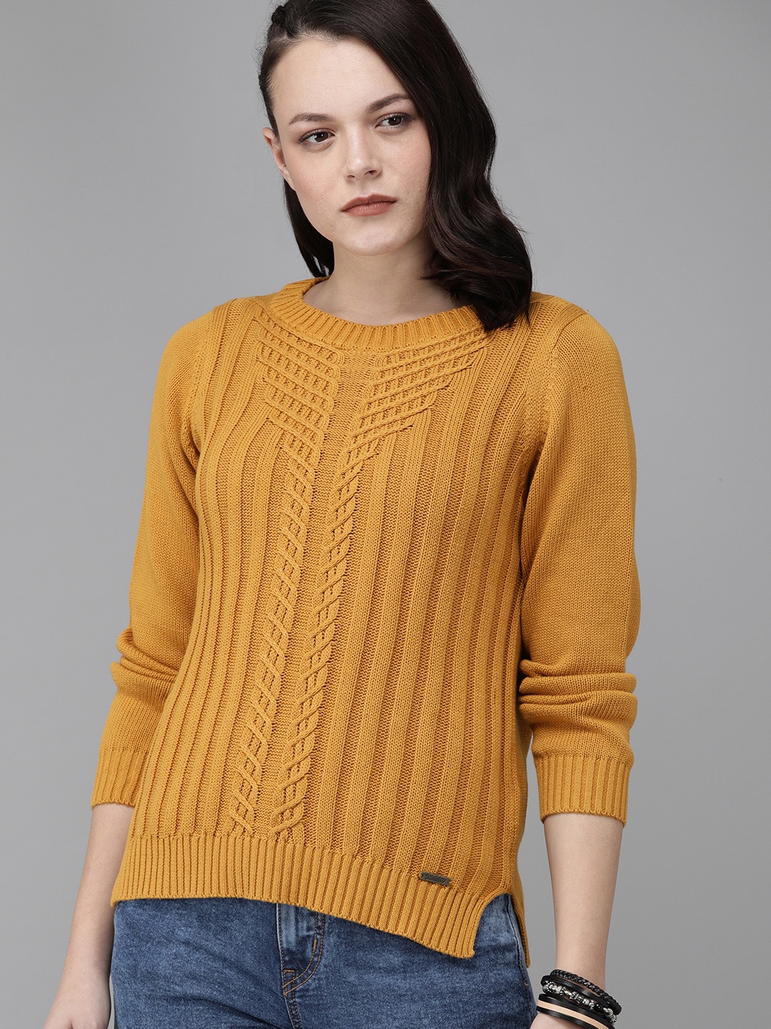 

The Roadster Lifestyle Co Women Mustard Yellow Self Design Pullover Sweater
