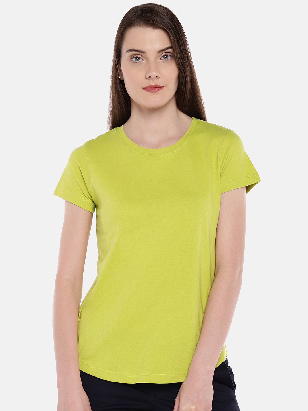 

Cottonworld Women Lime Green Solid Round Neck T-shirt