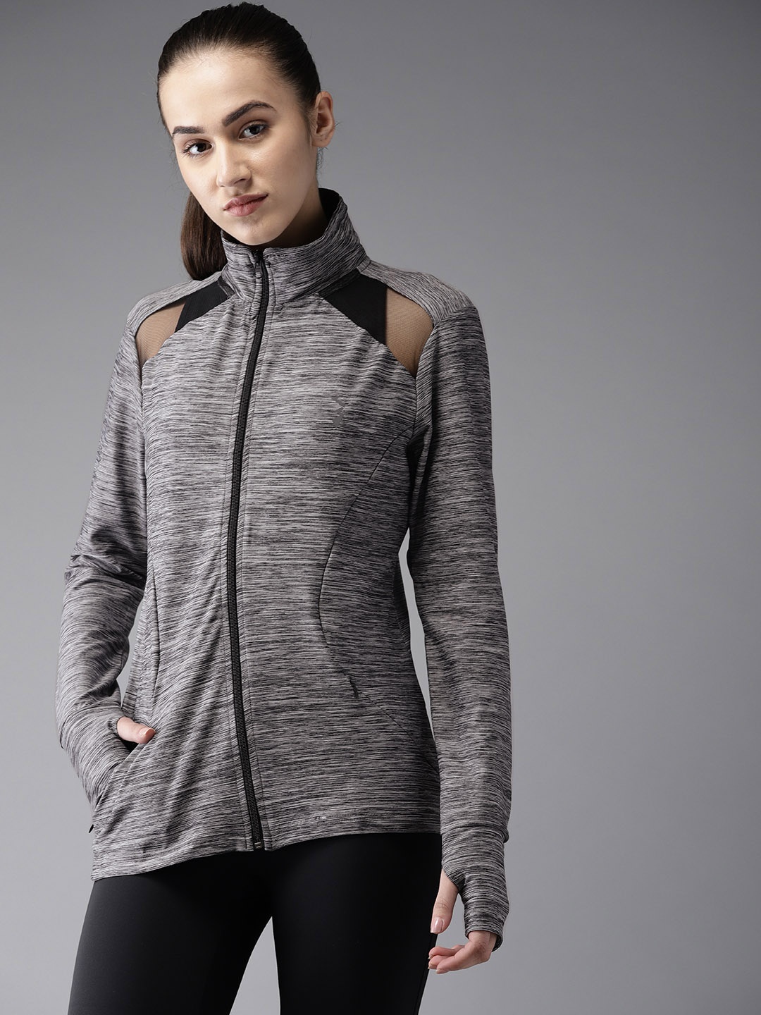 

Campus Sutra Women Grey & Black Solid Lightweight Running Jacket