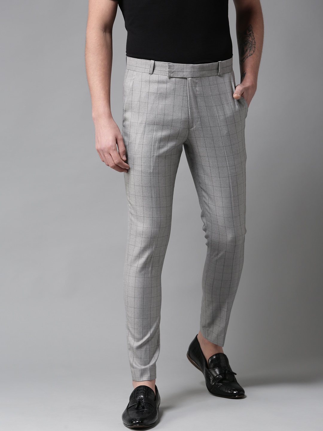 

DENNISON Men Grey & Black Smart Tapered Fit Checked Regular Trousers