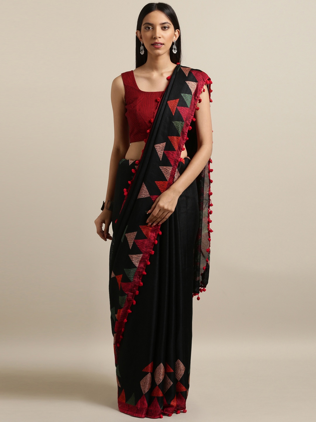 

Tikhi Imli Black & Red Polycotton Printed Saree