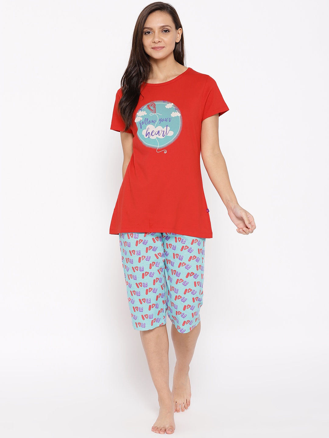 

July Nightwear Women Red & Blue Printed Night suit JDD112
