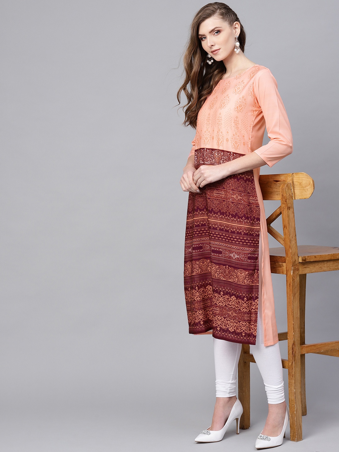 

AHIKA Women Peach-Coloured & Burgundy Printed Straight Kurta