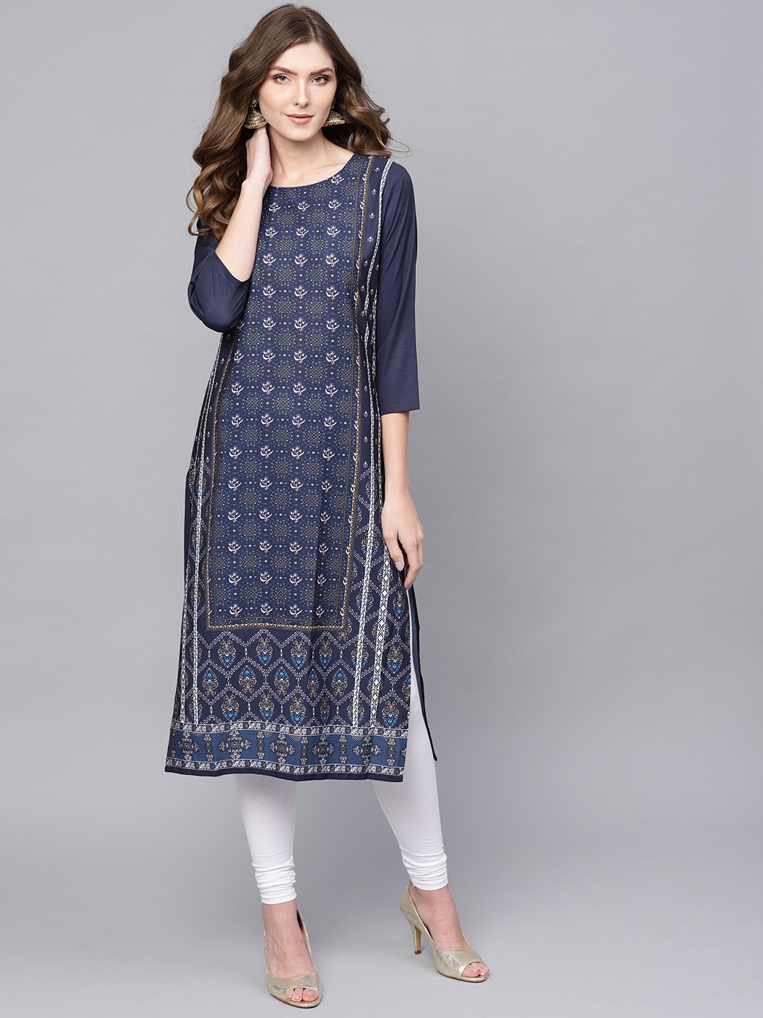 

AHIKA Women Navy Blue & Beige Printed Straight Kurta