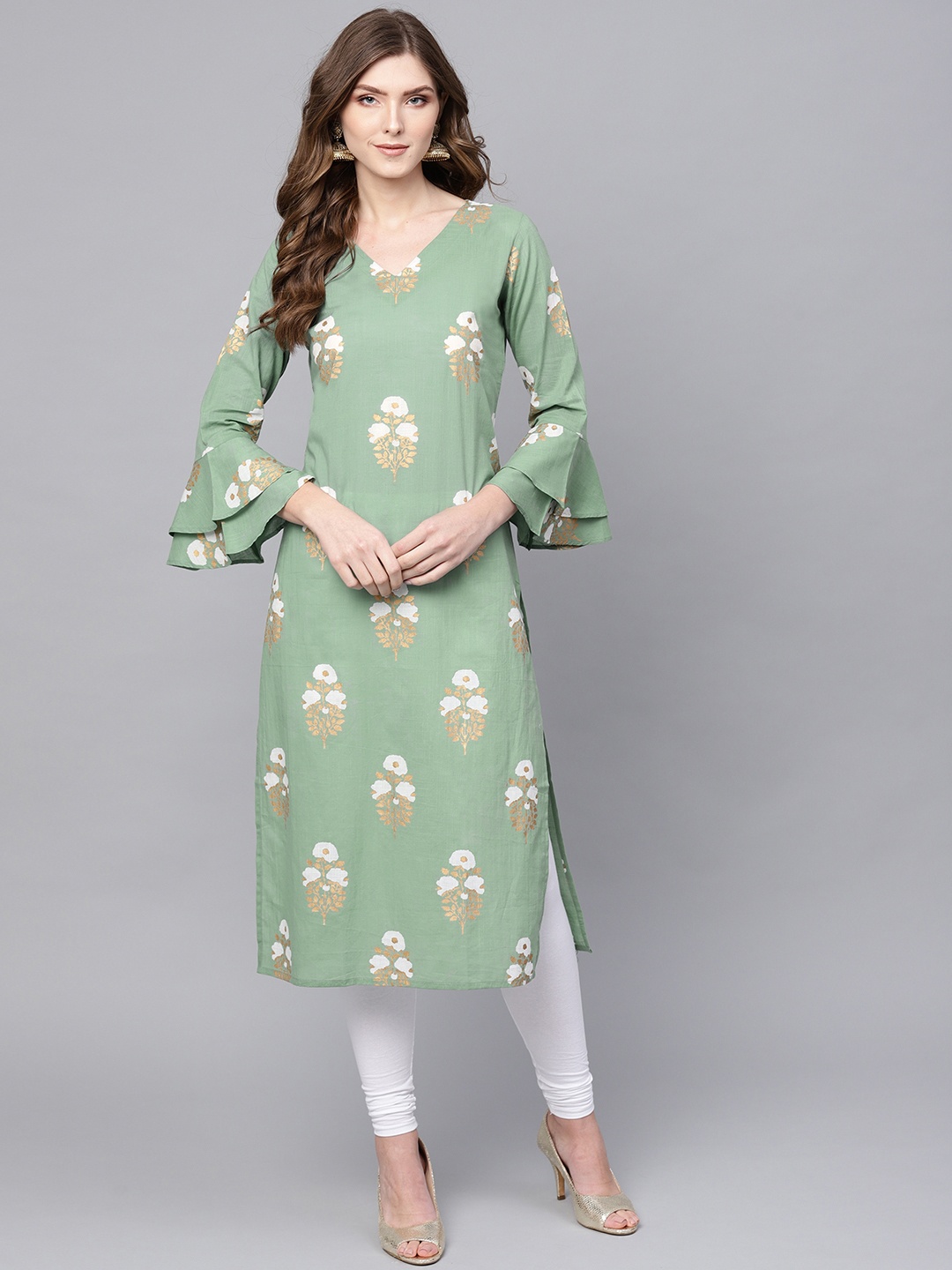 

AHIKA Women Green & Off-White Printed Straight Kurta