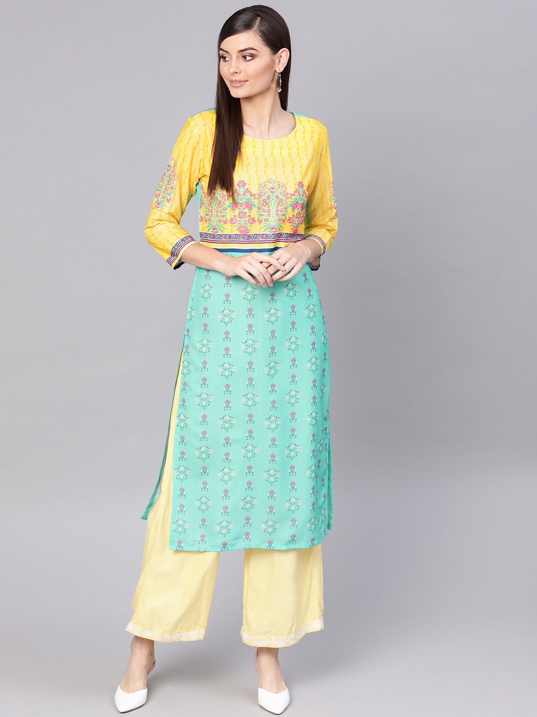 

AHIKA Women Blue & Yellow Printed Straight Kurta