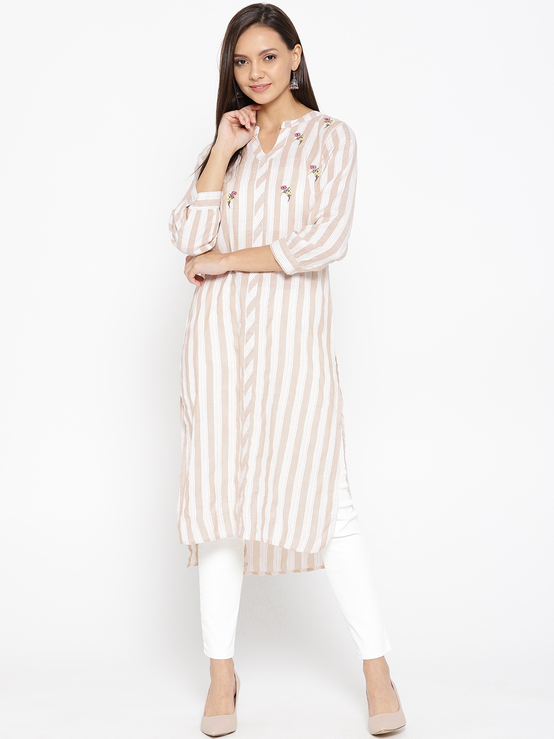

Be Indi Women Beige & White Striped Straight Kurta