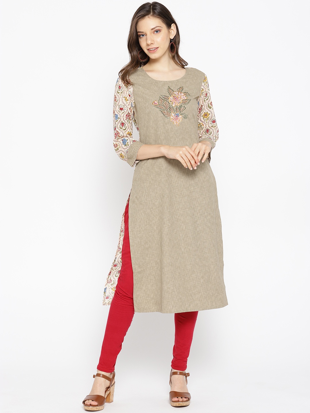 

Be Indi Women Taupe & Pink Floral Yoke Design Straight Kurta