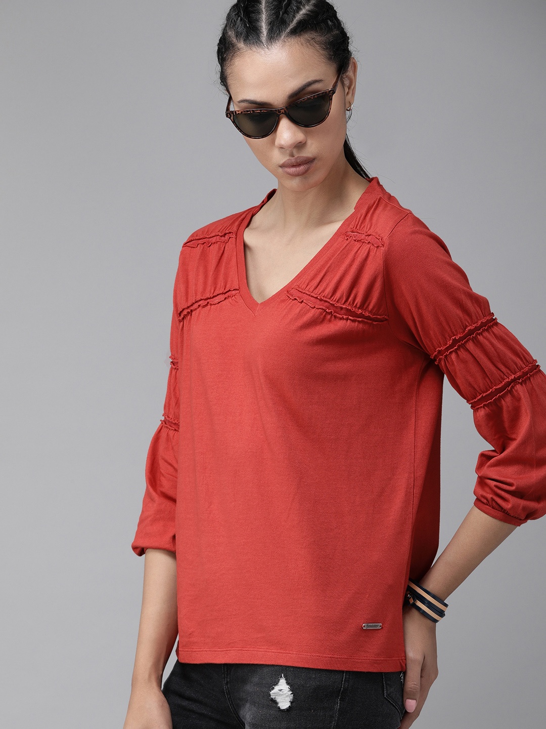 

The Roadster Lifestyle Co Women Rust Red Solid Pure Cotton Top