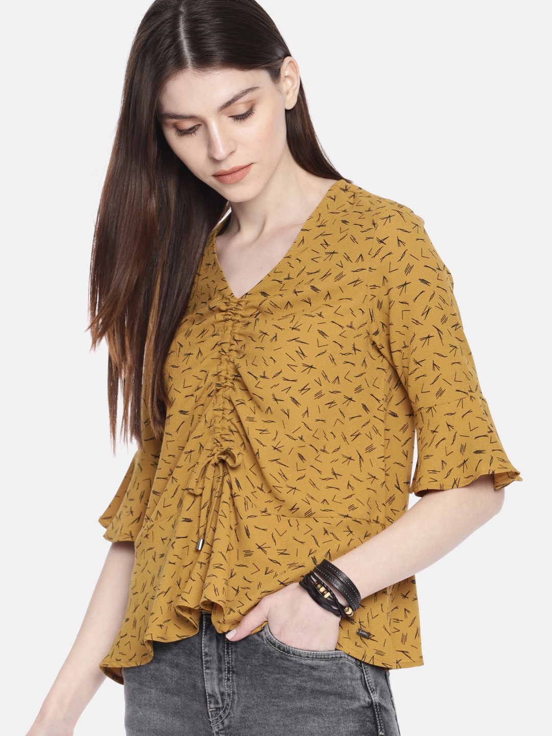 

The Roadster Lifestyle Co Women Mustard Printed Top