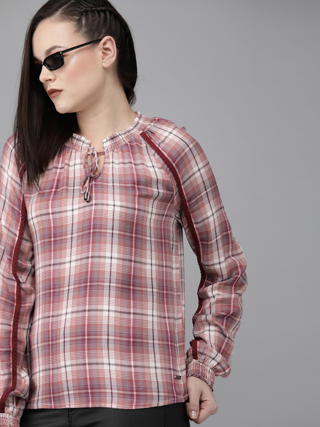 

The Roadster Lifestyle Co Women Brown Checked Top With Smocking Detail