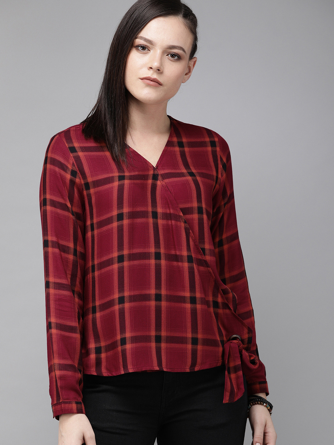 

The Roadster Lifestyle Co Women Red & Orange Checked Wrap Top
