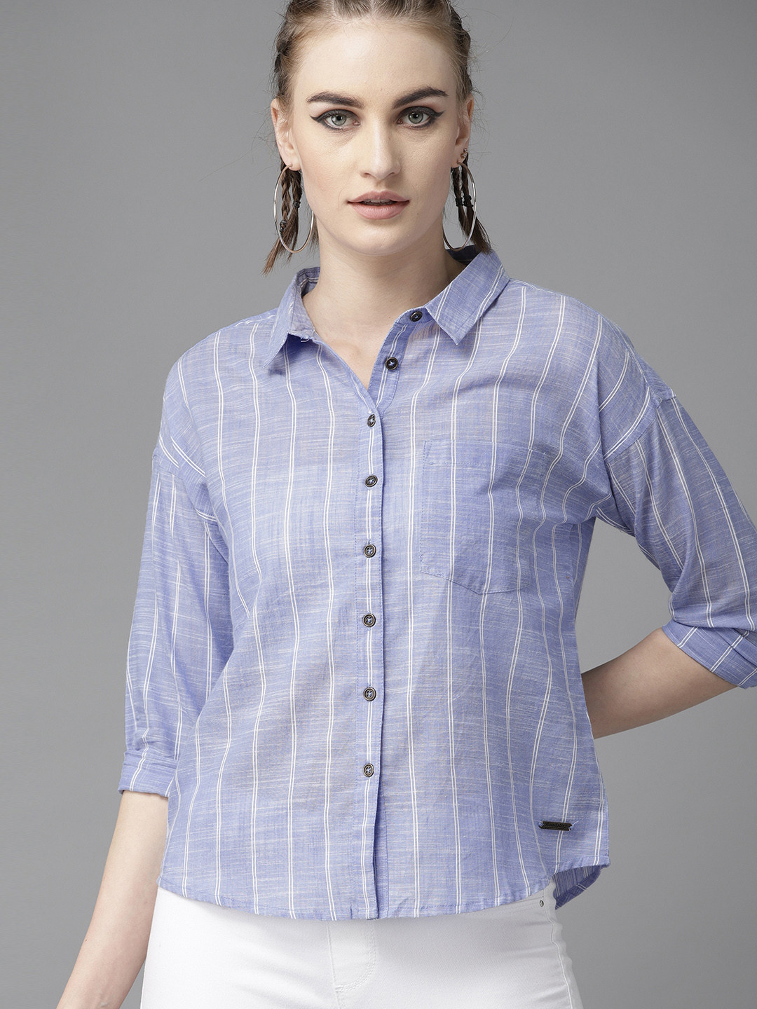 

The Roadster Lifestyle Co Women Blue & White Striped Shirt