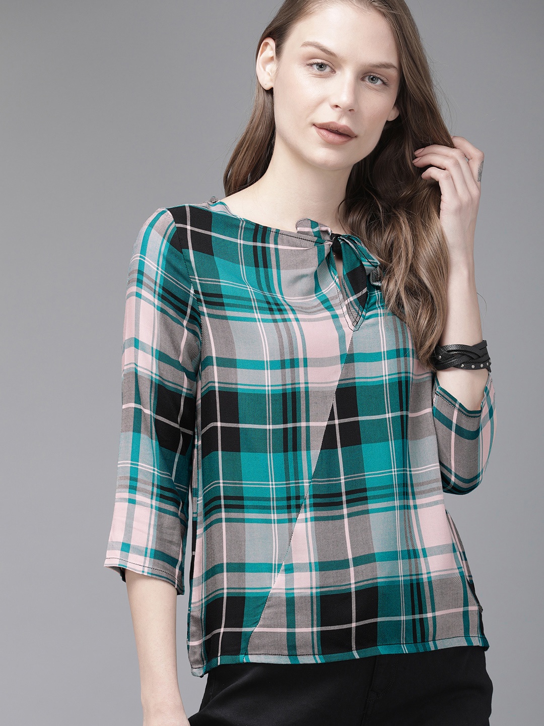 

The Roadster Lifestyle Co Women Teal Blue & Cream Checked Top