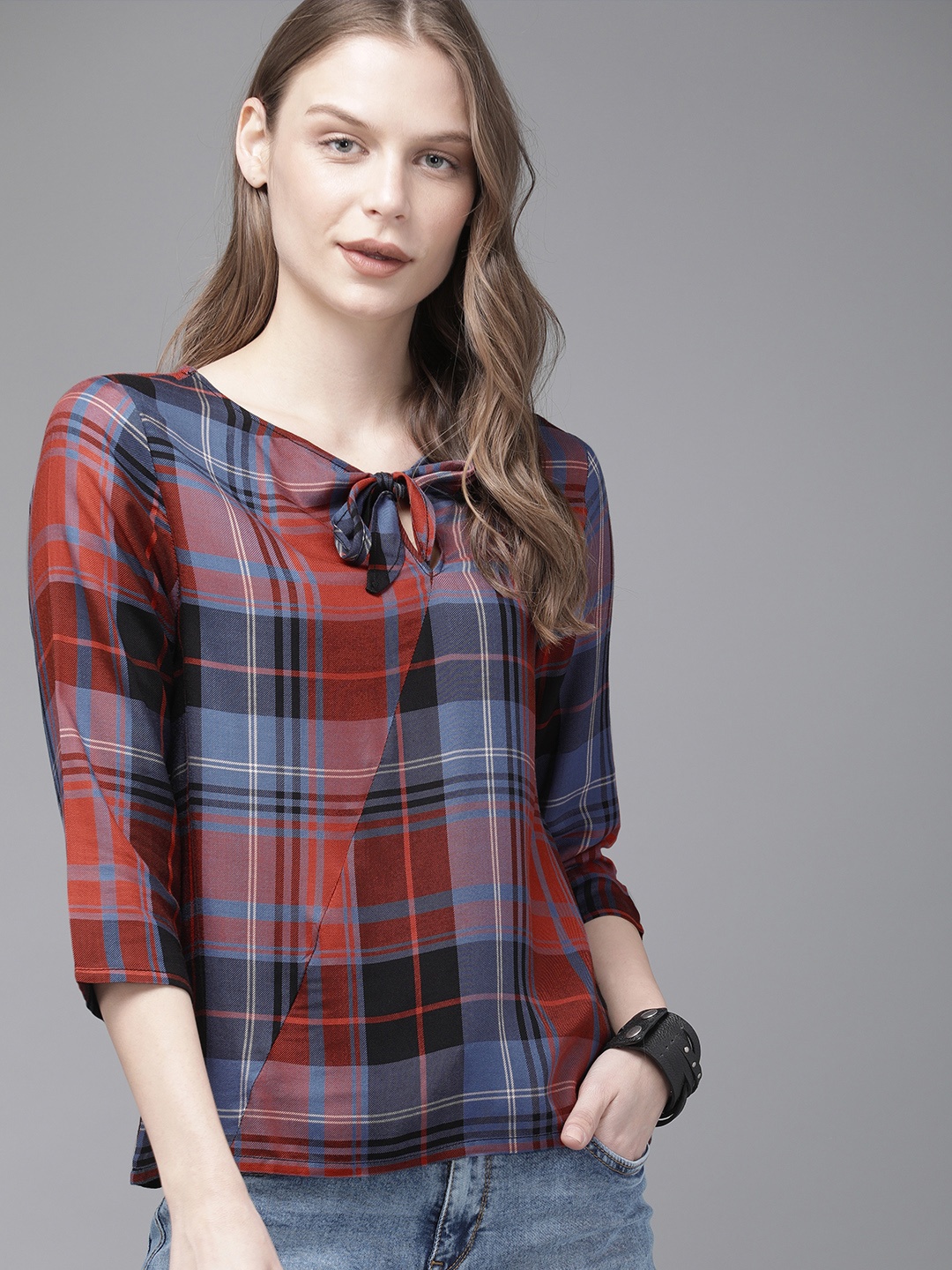 

The Roadster Lifestyle Co Women Red & Blue Checked Top