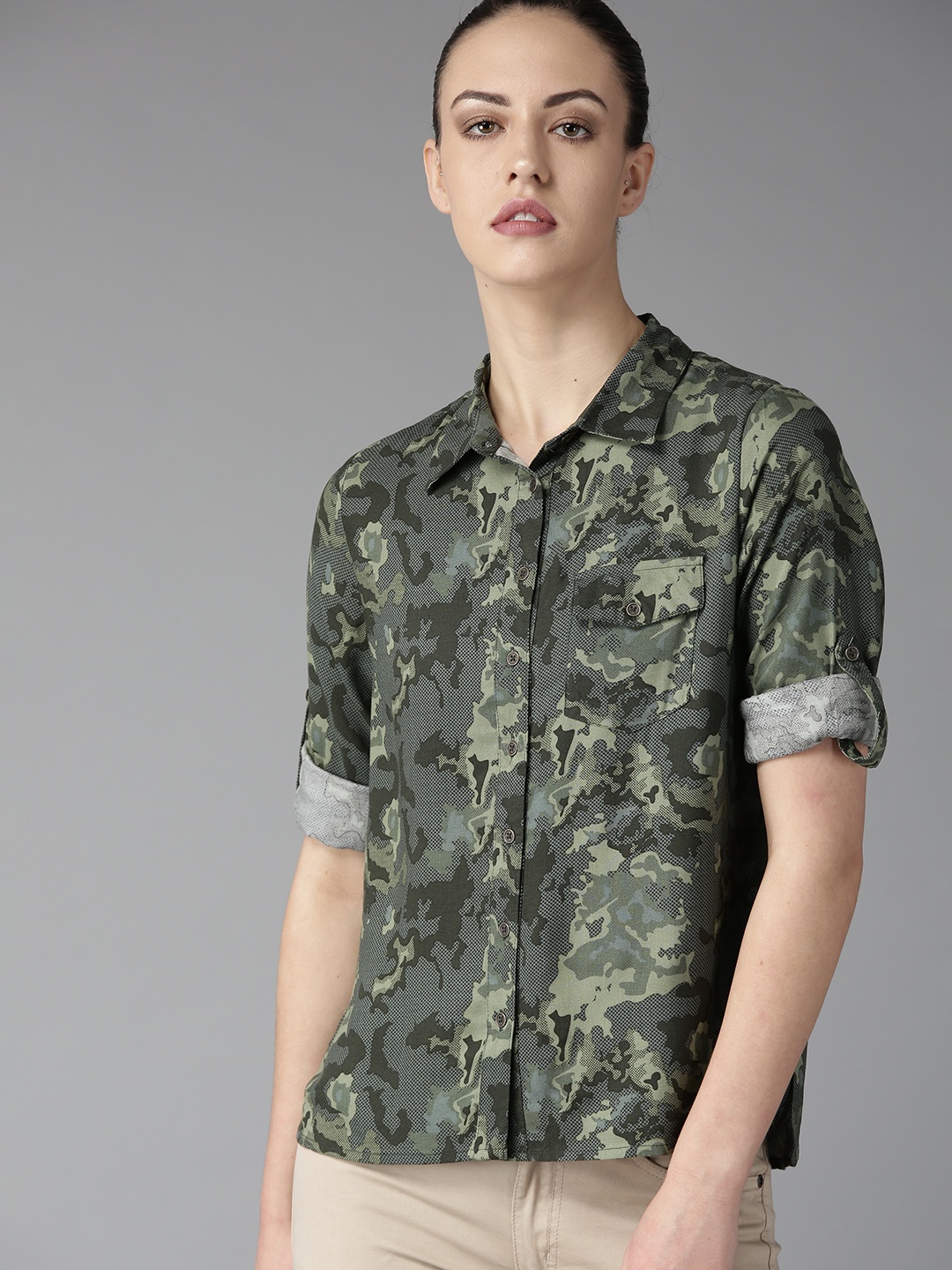 

The Roadster Lifestyle Co Women Green Printed Shirt