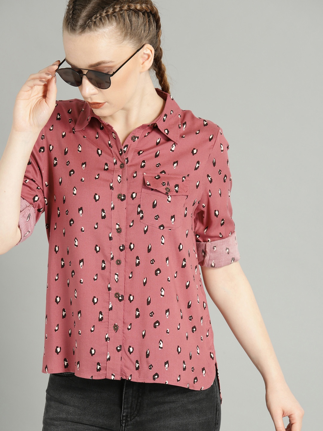 

The Roadster Lifestyle Co Women Pink & Coffee Brown Regular Fit Printed Casual Shirt