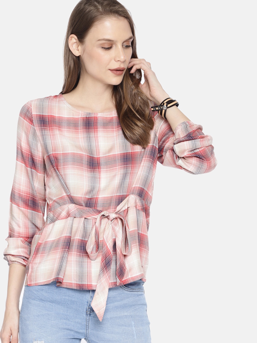 

The Roadster Lifestyle Co Women Pink Checked Top