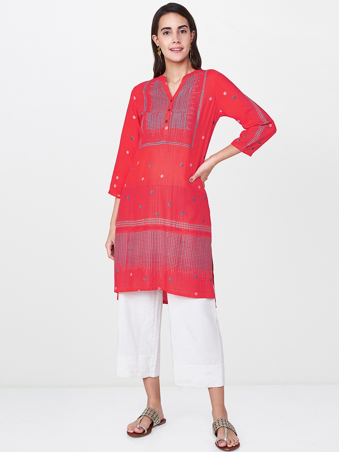 

Global Desi Women Coral Red Printed Straight Kurta