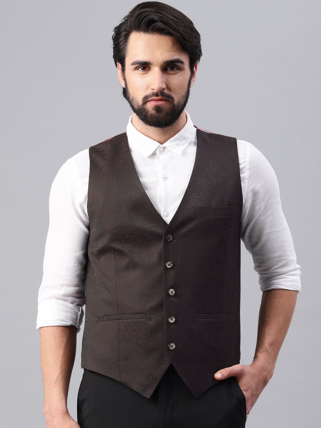 

Peter England Elite Brown & Maroon Self Design Neo Slim Fit Formal Waistcoat