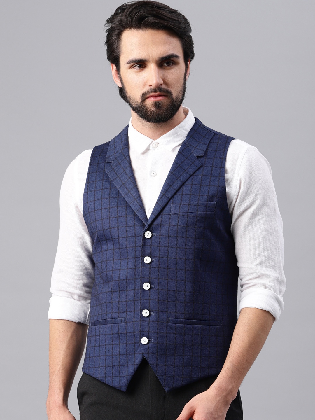 

Peter England Elite Navy Blue & Black Checked Neo Slim Fit Formal Waistcoat