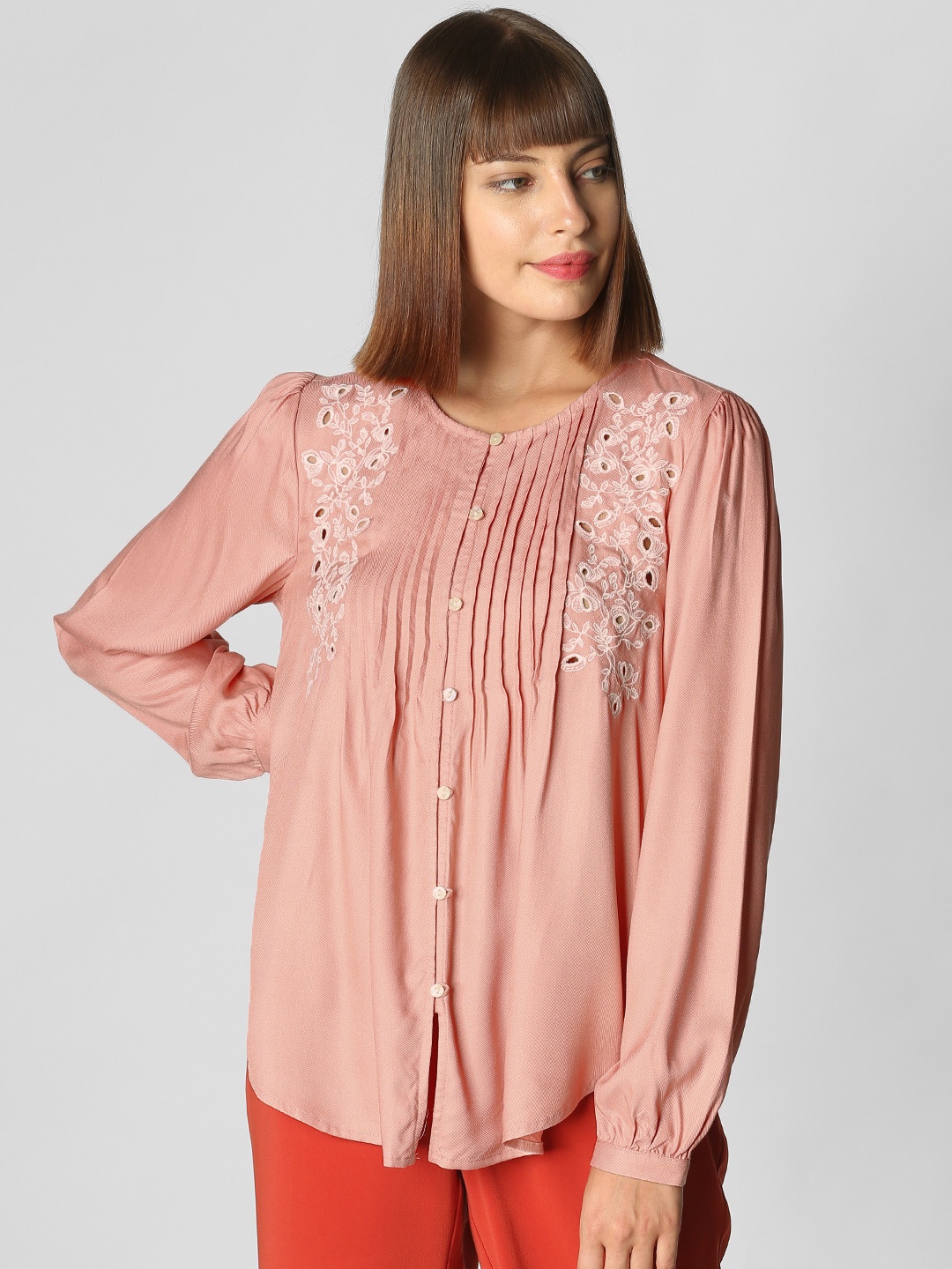 

Vero Moda Women Pink Embroidered Shirt Style Top