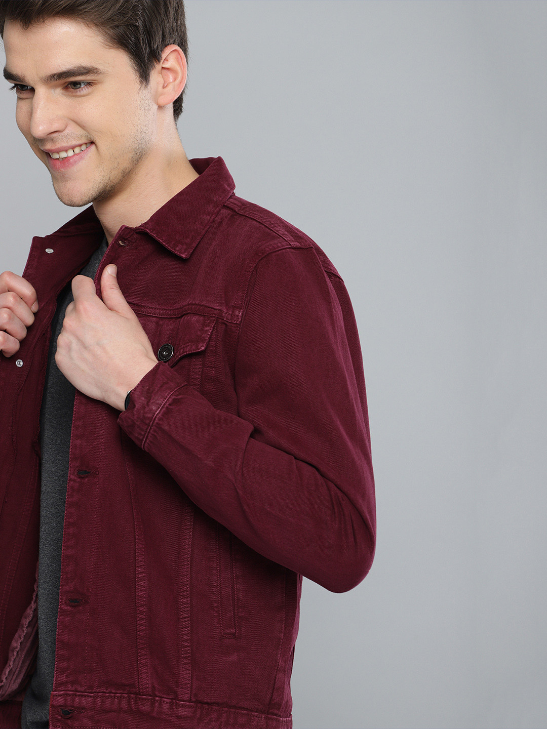 

Mast & Harbour Men Maroon Solid Denim Jacket