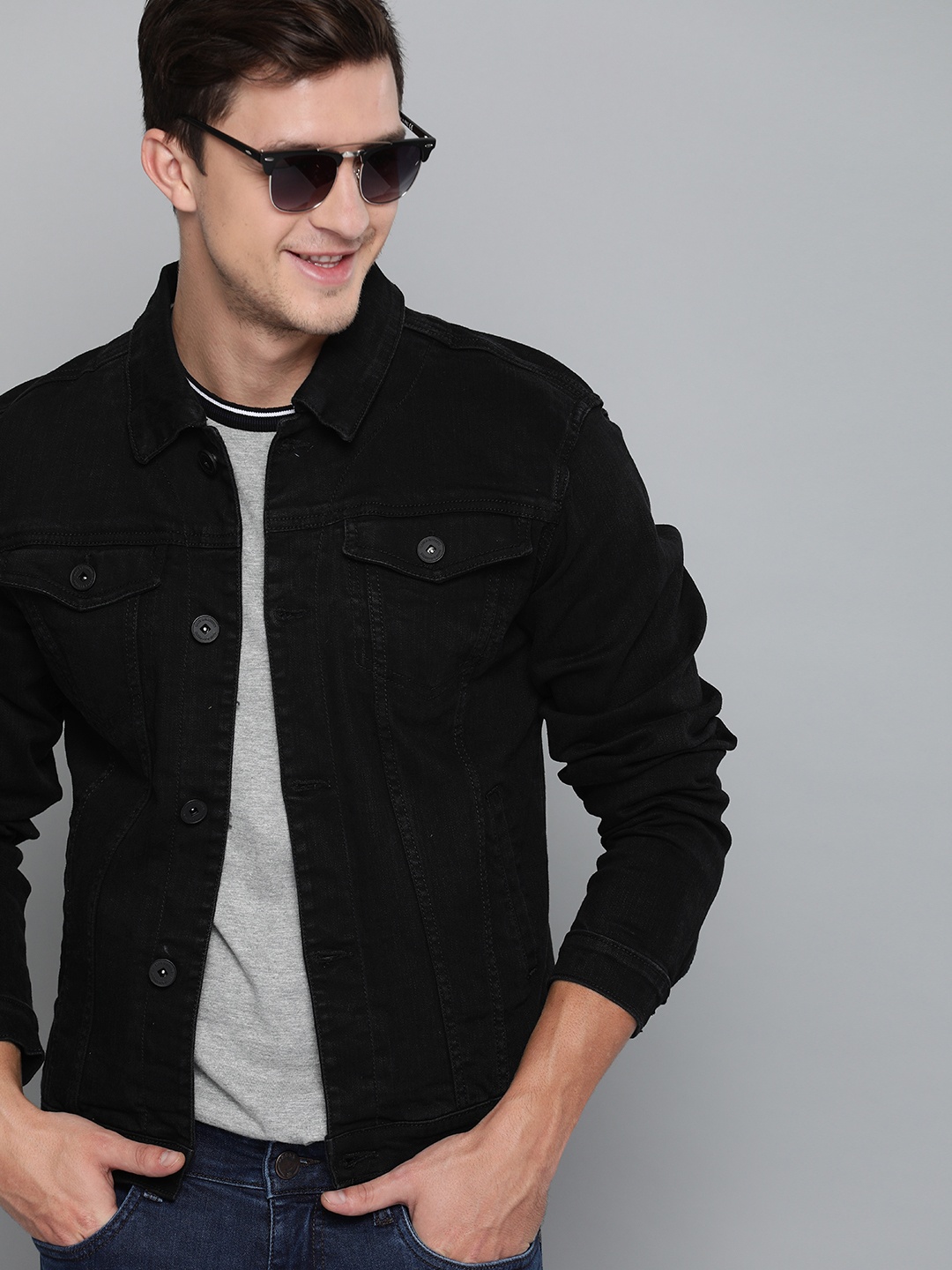 

Mast & Harbour Men Black Solid Trucker Jacket