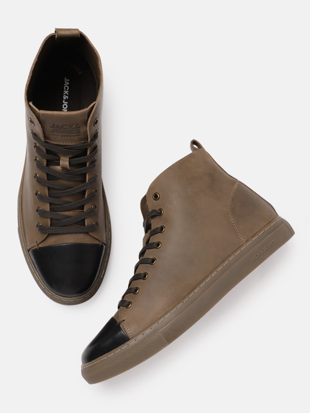 

Jack & Jones Men Brown Solid Leather Mid-Top Sneakers