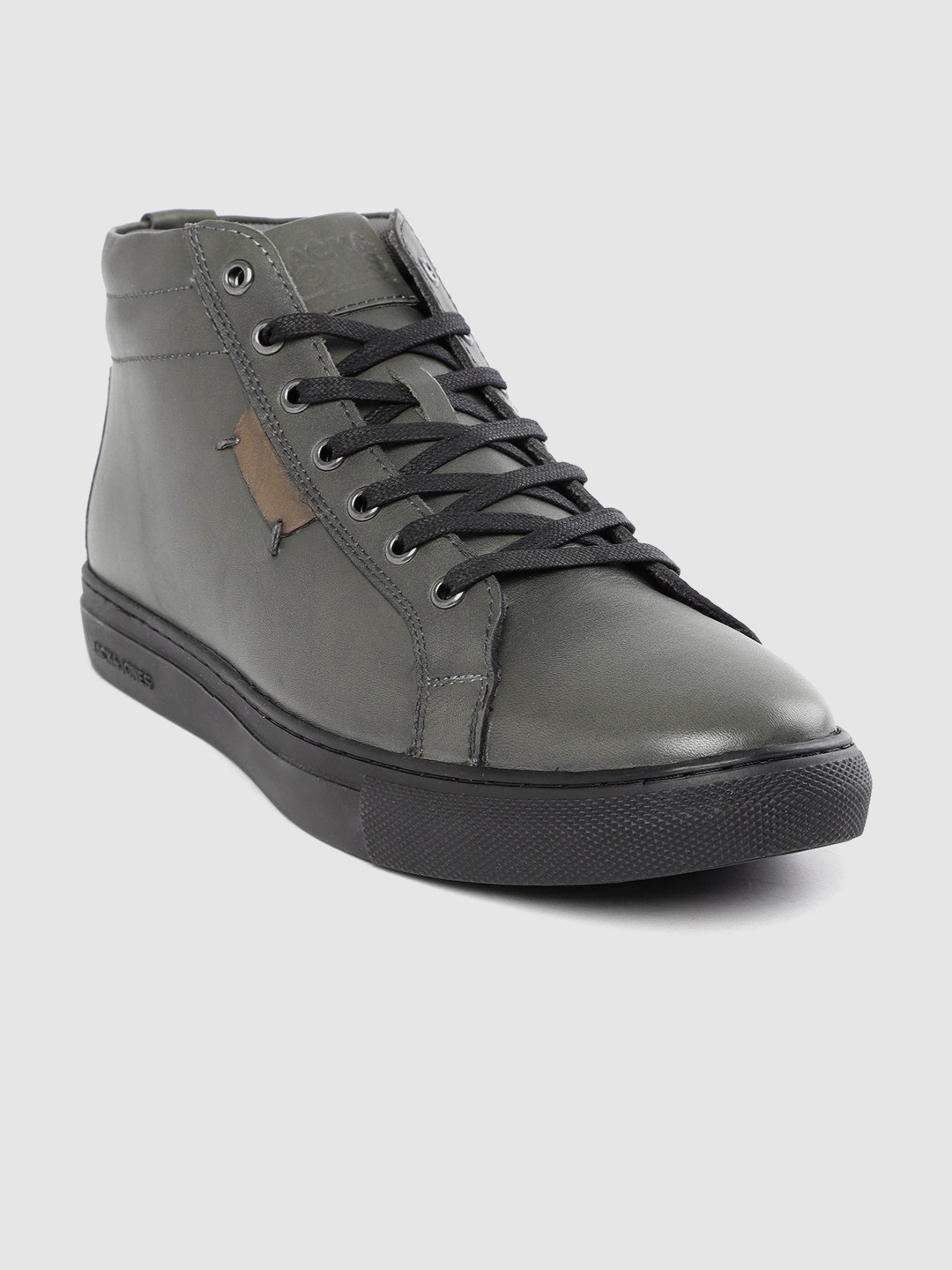 

Jack & Jones Men Charcoal Grey Solid Leather Mid-Top Sneakers