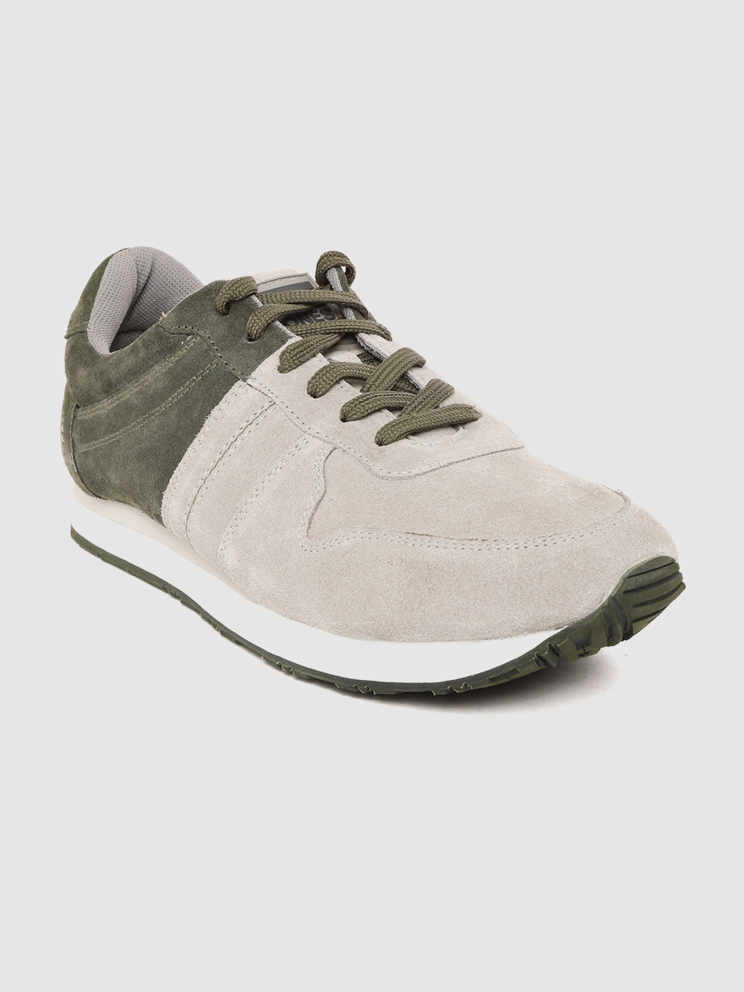 

Jack & Jones Men Grey & Olive Green Colourblocked Suede Sneakers