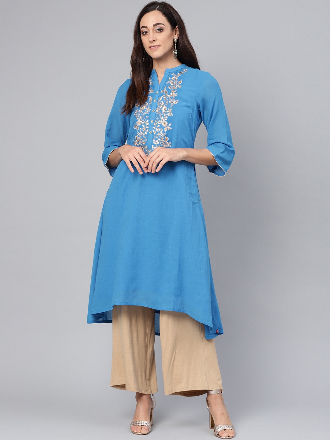 

Biba Women Blue Floral Yoke Design Gotta Patti A-Line Kurta
