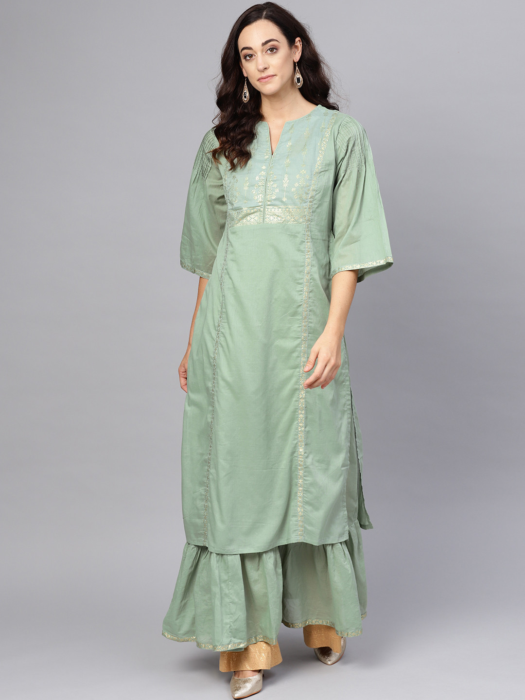 

Biba Women Green Yoke Design Layered A-Line Kurta