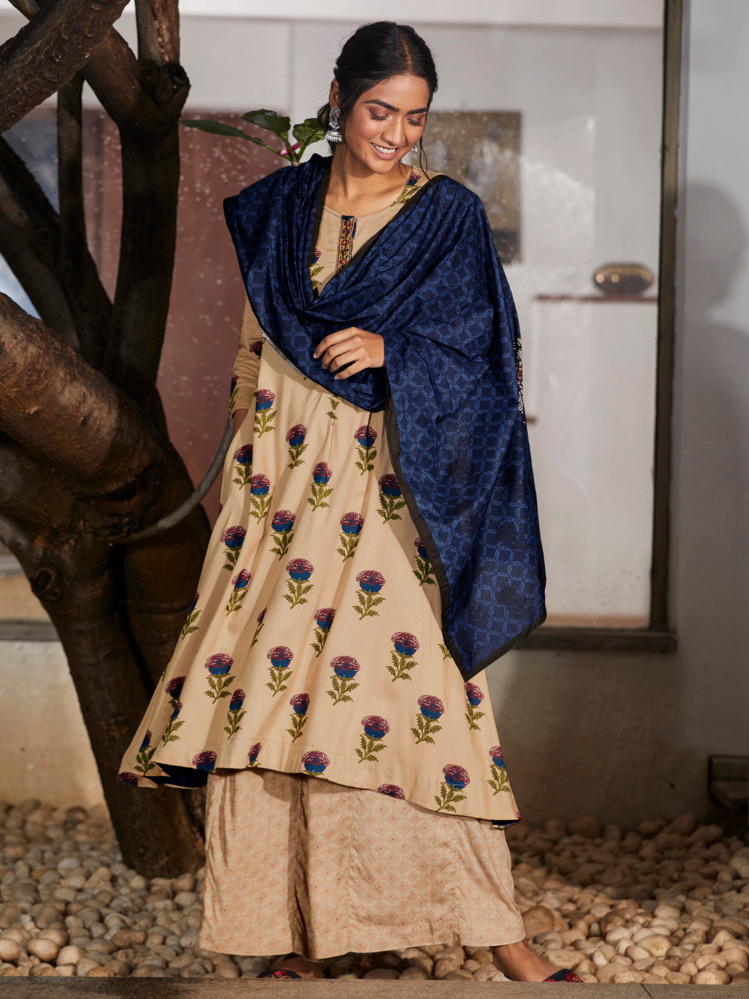 

Biba Women Beige & Navy Blue Printed Kurta with Palazzos & Dupatta